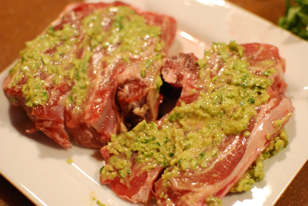 Lamb chops with garlic scape rub