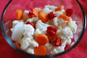 Carrot, cauliflower, spring onion, garlic, and hot peppers