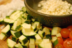 CSA onions, zucchini, and tomatoes; Jersey-fresh corn