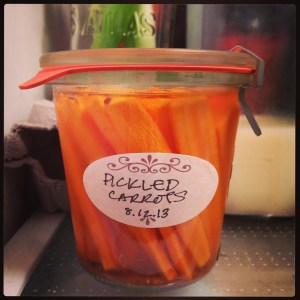 Carrot refrigerator pickles, in situ.